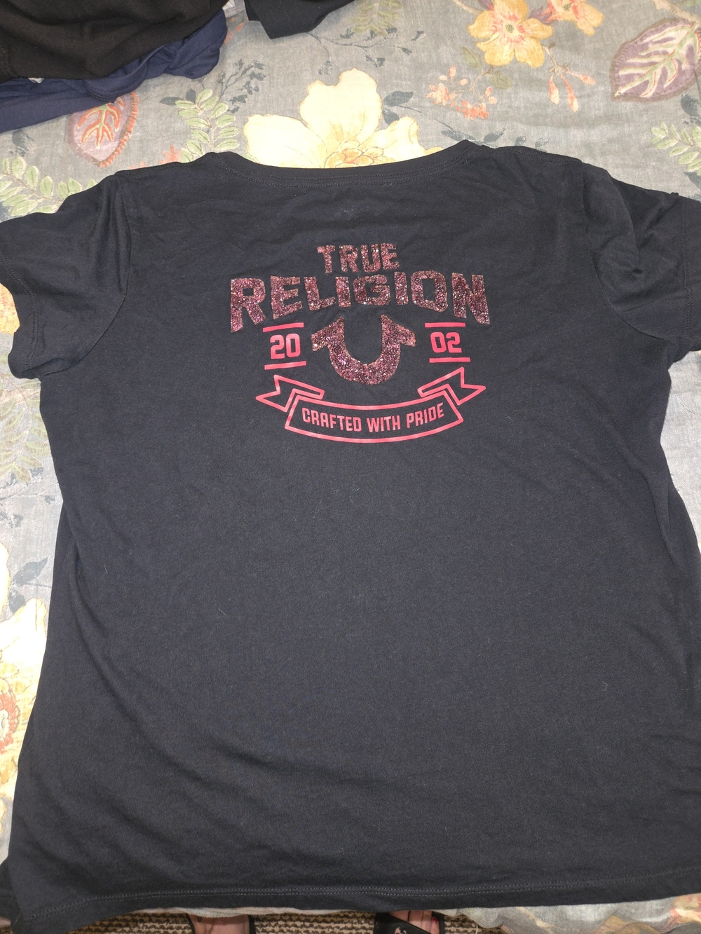 True Religion Womens Black T-Shirt with Red Logo